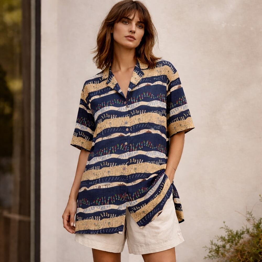NICOLE FARHI Silk Button up Blouse Navy Multi Print size 10/12